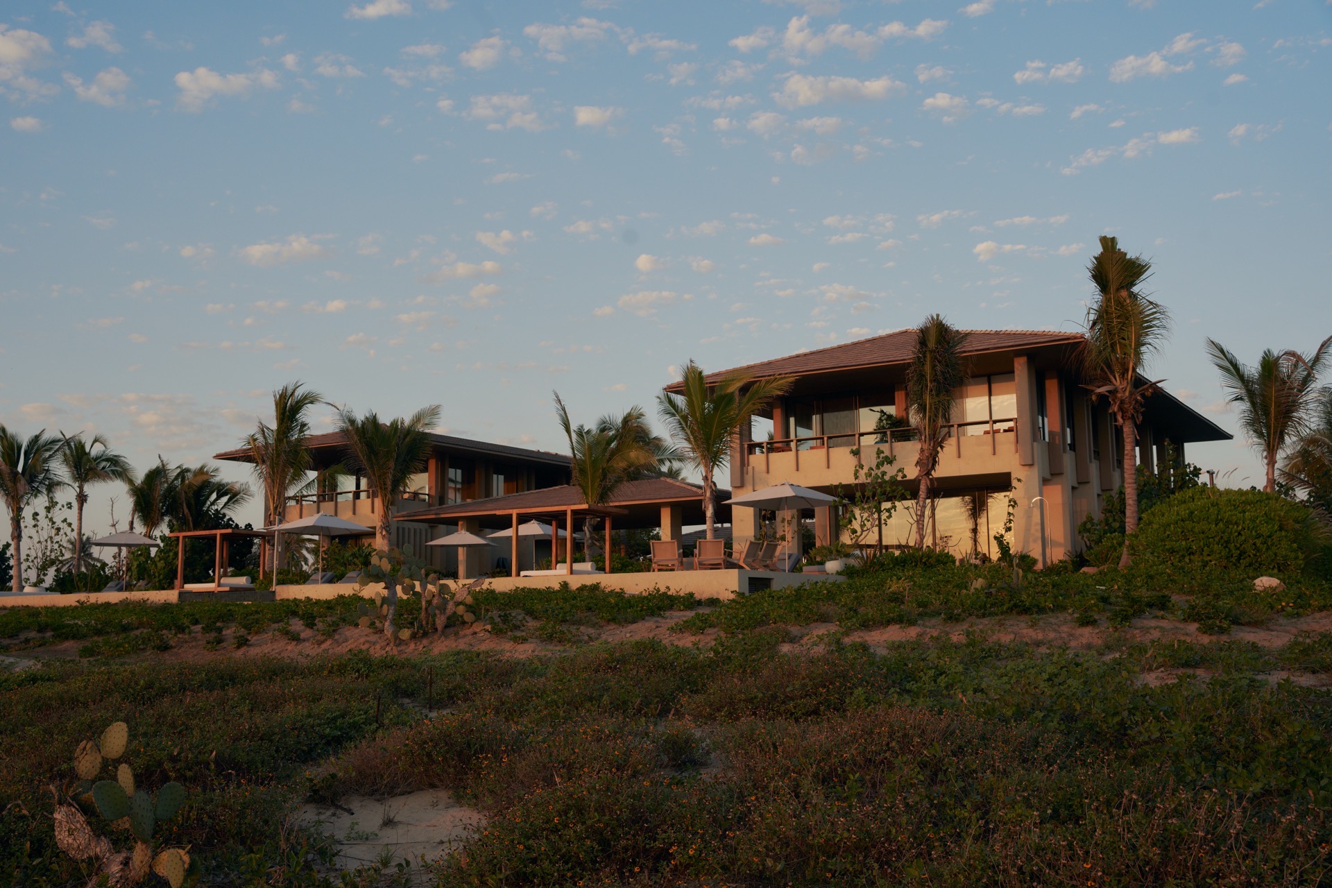 Cielo Azul — aerial view from beach dunes at golden hour
