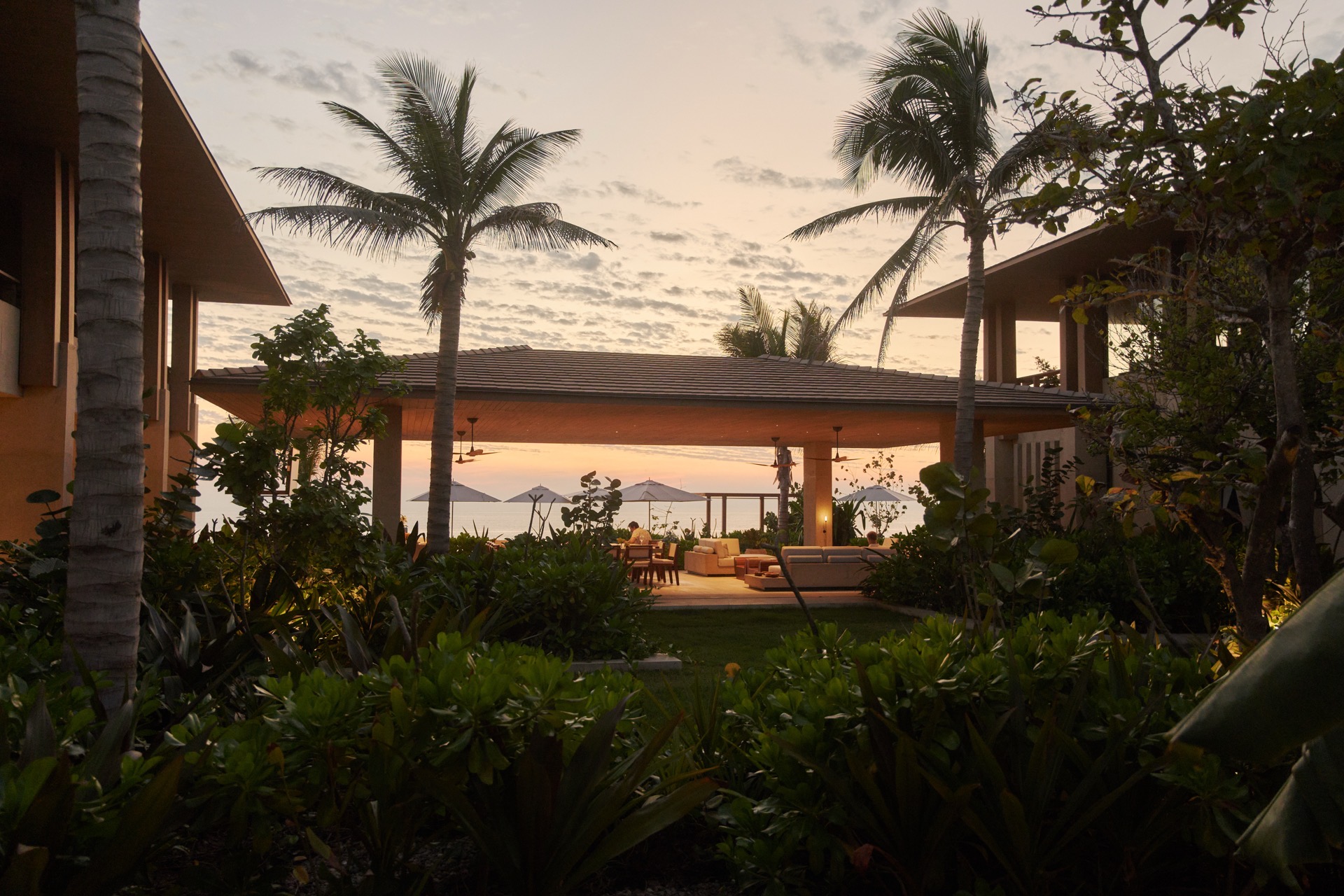 Open-air pavilion at sunset