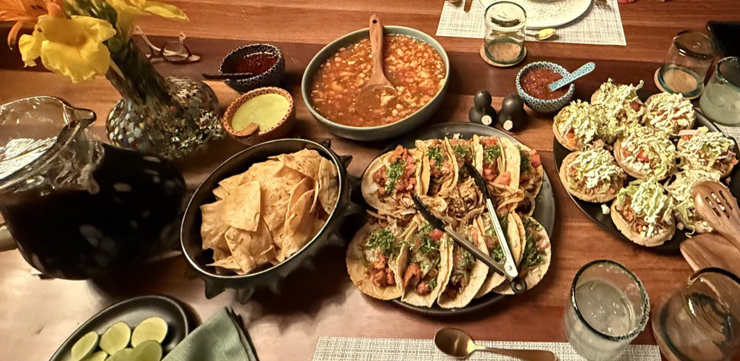 Taco spread with salsas and chips