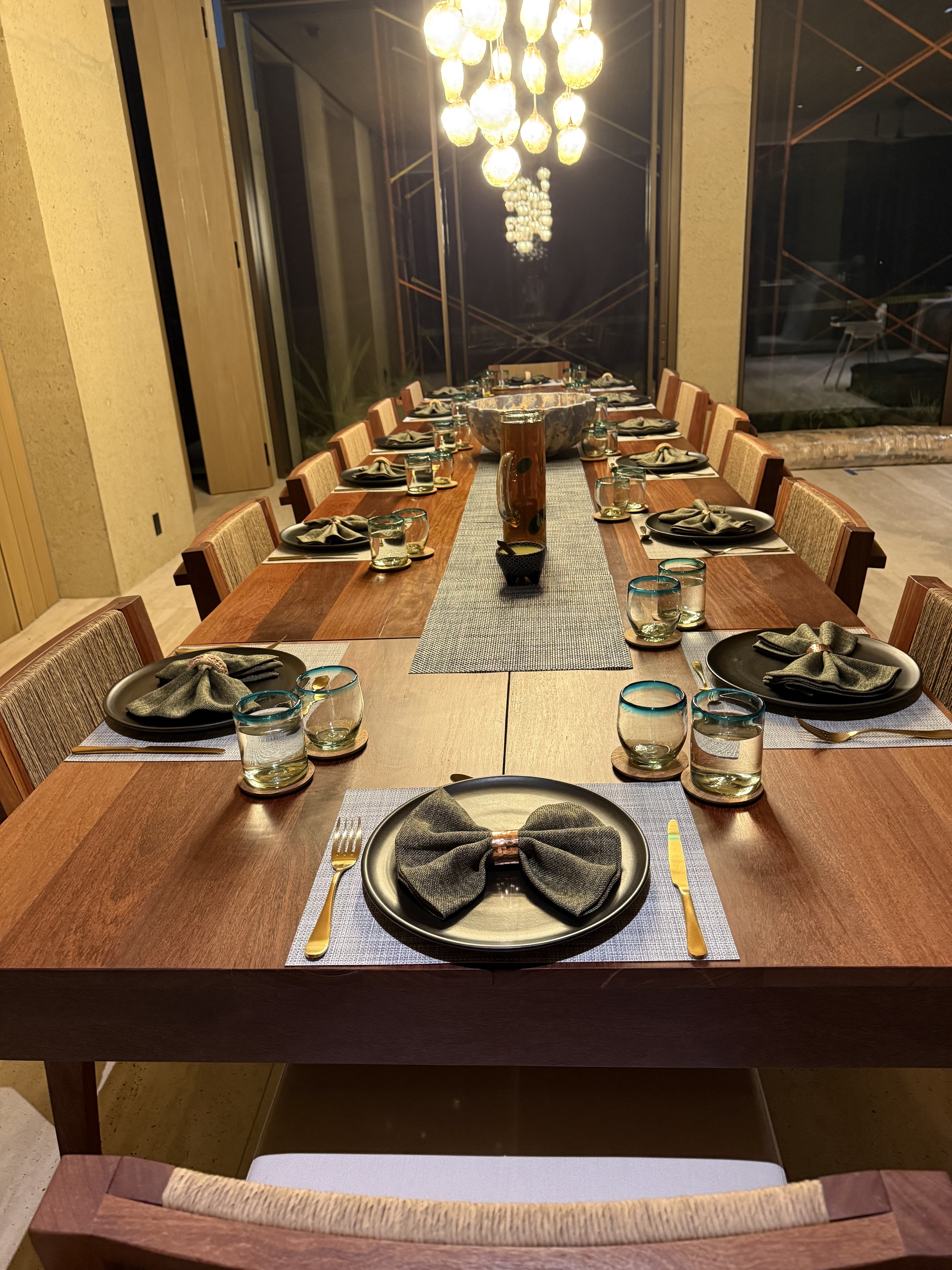 Dining room table set for dinner